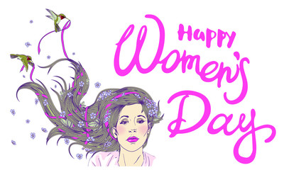 beautiful card with flowers and birds on the eighth of March