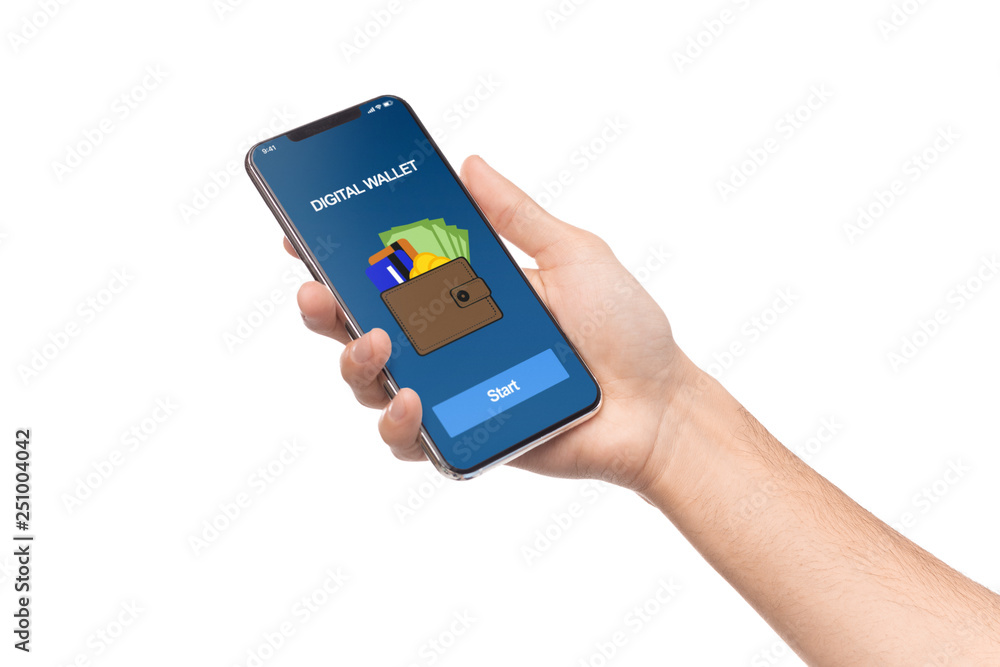 Poster man holding smartphone with digital wallet application