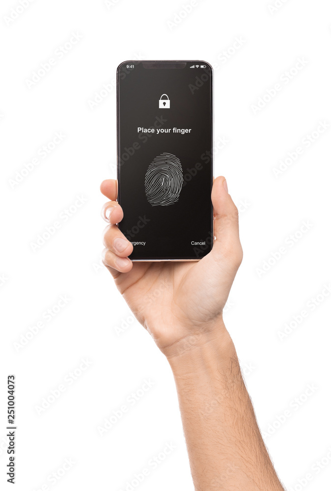 Poster hand holding mobile phone with application for scanning fingerprint