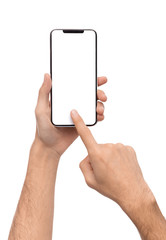 Male hand using blank touchscreen of smartphone
