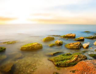 quiet sea bay with stones at the early morning