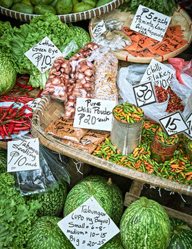 Mixed vegetables, fruits and spices nicely presented with price signage at the Central Market in Baguio City, Benguet Province, Philippines