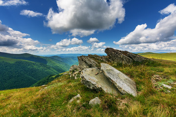 Fototapeta na wymiar A wonderful summer vacation with fantastic landscapes in the Ukrainian Carpathians on the Borzhava ridge, with a dramatic storm and a traveling girl.