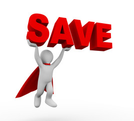 3d flying super hero in a raincoat carrying text save