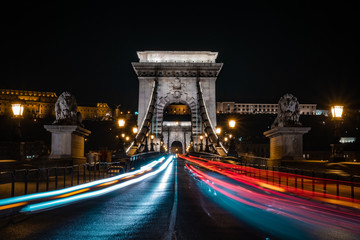 Fototapeta na wymiar Chain Bridge in Budapest Night Traffic Long Exposure