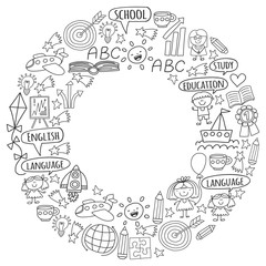 Obraz premium Vector set of learning English language, children's drawingicons icons in doodle style. Painted, black monochrome, pictures on a piece of paper on white background.