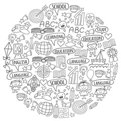 Vector set of learning English language, children's drawingicons icons in doodle style. Painted, black monochrome, pictures on a piece of paper on white background.