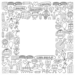Vector set of learning English language, children's drawingicons icons in doodle style. Painted, black monochrome, pictures on a piece of paper on white background.