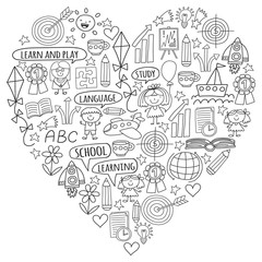 Vector set of learning English language, children's drawingicons icons in doodle style. Painted, black monochrome, pictures on a piece of paper on white background.