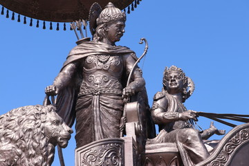 Close up of Krishna and Arjuna statue in Kurukshetra