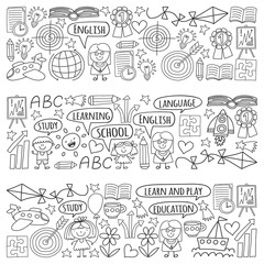 Vector set of learning English language, children's drawingicons icons in doodle style. Painted, black monochrome, pictures on a piece of paper on white background.