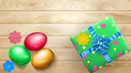 Realistic colored Easter eggs and beautiful gift box with bow on wooden planks