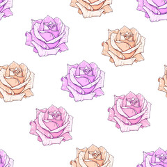 Pink roses seamless background. Flowers illustration front view. Pattern in romantic style for design of fabrics