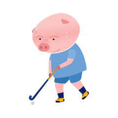 Obraz premium Vector pig cartoon character playing field hockey game isolated on white background. Cartoon emotions