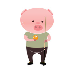 Vector pig cartoon character playing snooker isolated on white background. Cartoon emotions
