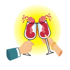 man and woman clanging glasses of drink to celebrate their success