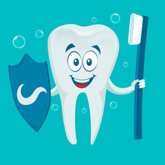 Smiling Tooth With Toothbrush And Shield