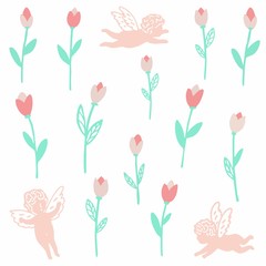 Naklejka premium Angels fly in the sky in the rain with tulips