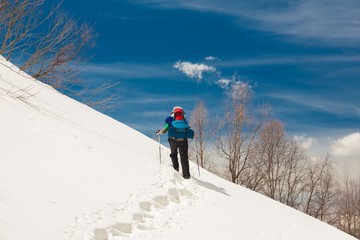 Fototapeta na wymiar A man in mountain day winter. Unique