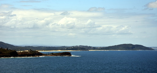 Aerial view of Avoca Beach, Terrigal and Tasman sea. View from Captain Cook lookout (Central Coast, NSW, Australia)