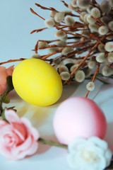 pink yellow blue eggs against a background of willow and flowers for the Easter holiday