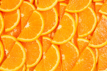 Slices of oranges as a background, top view.