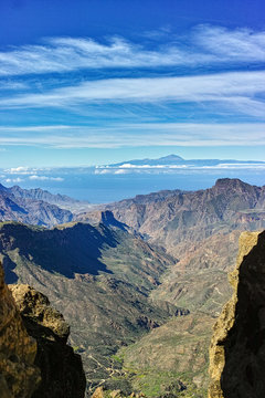 Gran Canaria island mountains landscape, view from peak Roque Nublo to Mount Teide on Tenerife © barmalini
