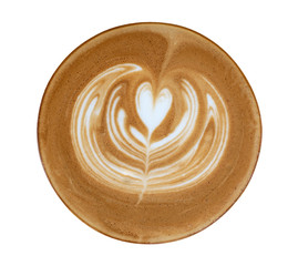 Hot coffee cappuccino latte art heart flower shape top view isolated on white background, clipping path included