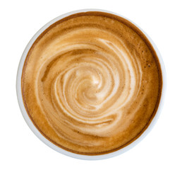 Hot coffee latte cappuccino spiral foam top view isolated on white background, clipping path included
