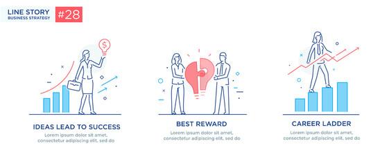 Set of illustrations concept with businessmen. Workflow, growth, graphics. Business development, milestones. linear illustration Icons infographics. Landing page site print poster