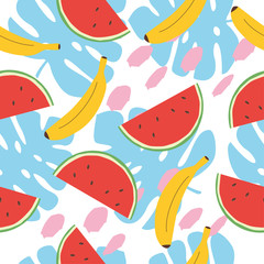 トロピカルフルーツシームレスパターン　スイカとバナナ