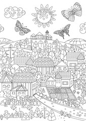 sunny cityscape with flying butterflies for your coloring page