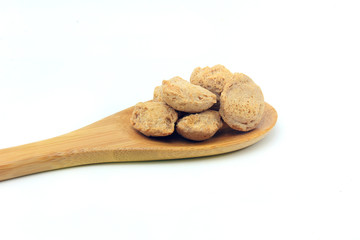 Soy meat in chunks on white background. Raw soybeans chunks