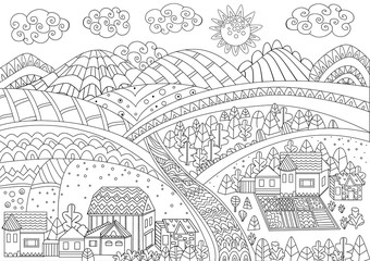 Fototapeta premium fancy rural landscape for your coloring page