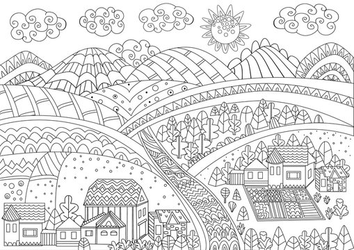 Fancy Rural Landscape For Your Coloring Page