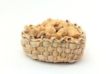 Soy meat in chunks on white background. Raw soybeans chunks