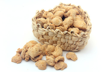 Soy meat in chunks on white background. Raw soybeans chunks