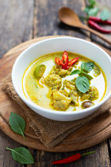 Top View Thai food, green curry chicken