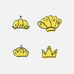 Graphic modernist element drawn by hand. royal crown of gold. Isolated on white background.