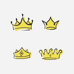 Graphic modernist element drawn by hand. royal crown of gold. Isolated on white background.