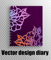 Vector mockup of notepad, diary on a spring with a beautiful stylish print - neon roses pattern on a purple gradient backdrop