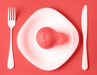 Living Coral trend color year 2019 orange fruit fork plate healthy food