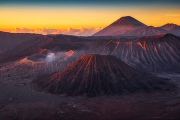 Beautiful sanrise on mount Bromo volcano at Bromotengger semeru national park. one of famous tourist attraction in East Java, Indonesia.