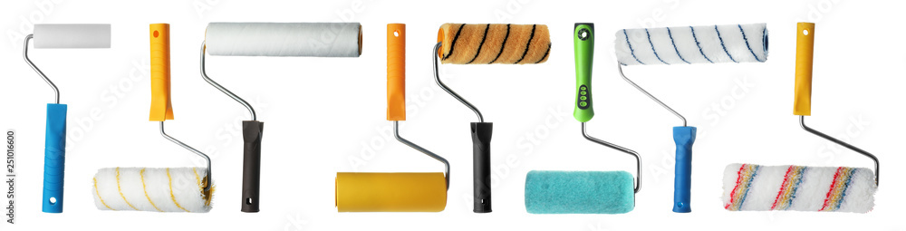 Poster Set of clean roller paint brushes on white background