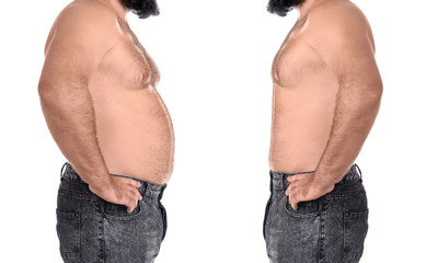 Fat man on white background, closeup. Weight loss