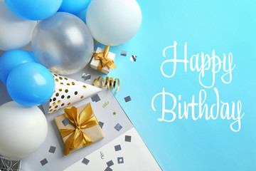 Flat lay composition with party accessories and space for text on color background