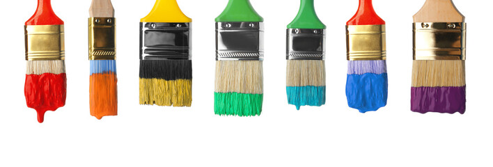 Set of different paint brushes on white background