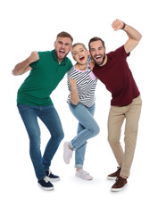 Young people celebrating victory on white background