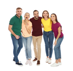 Full length portrait of young people laughing on white background