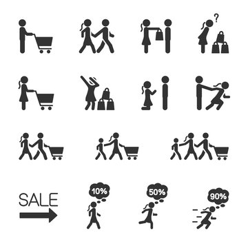Vector set of people go shopping icons.
